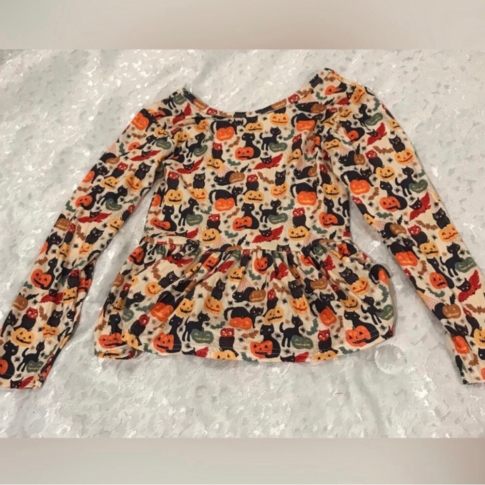 Halloween Pumpkin & Cat Print Long-Sleeve Peplum Top - Size 10